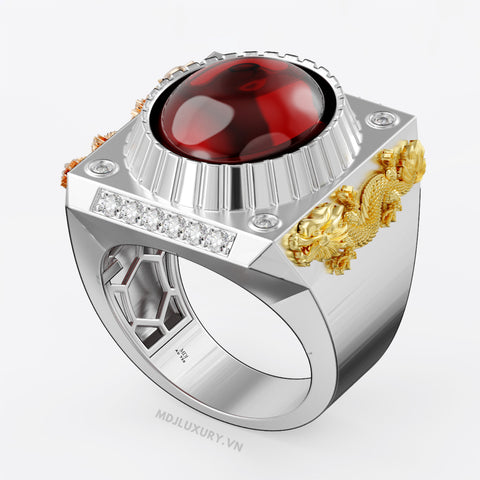 xNhẫn Nam Vàng 18K Song Long Đá Ruby Sang trọng – NN355