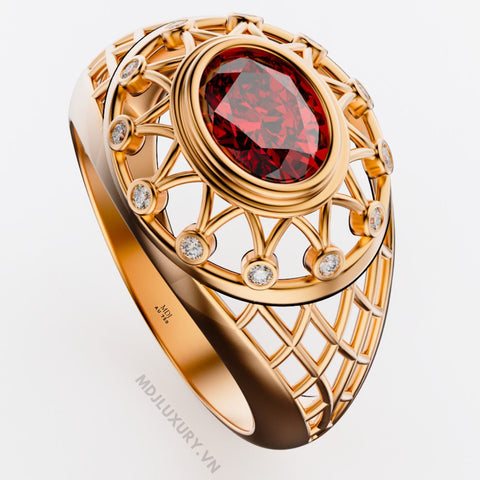 xNhẫn Nam Cao Cấp Kim Cương Đá Chủ Ruby Vàng Tây 18K – NN341