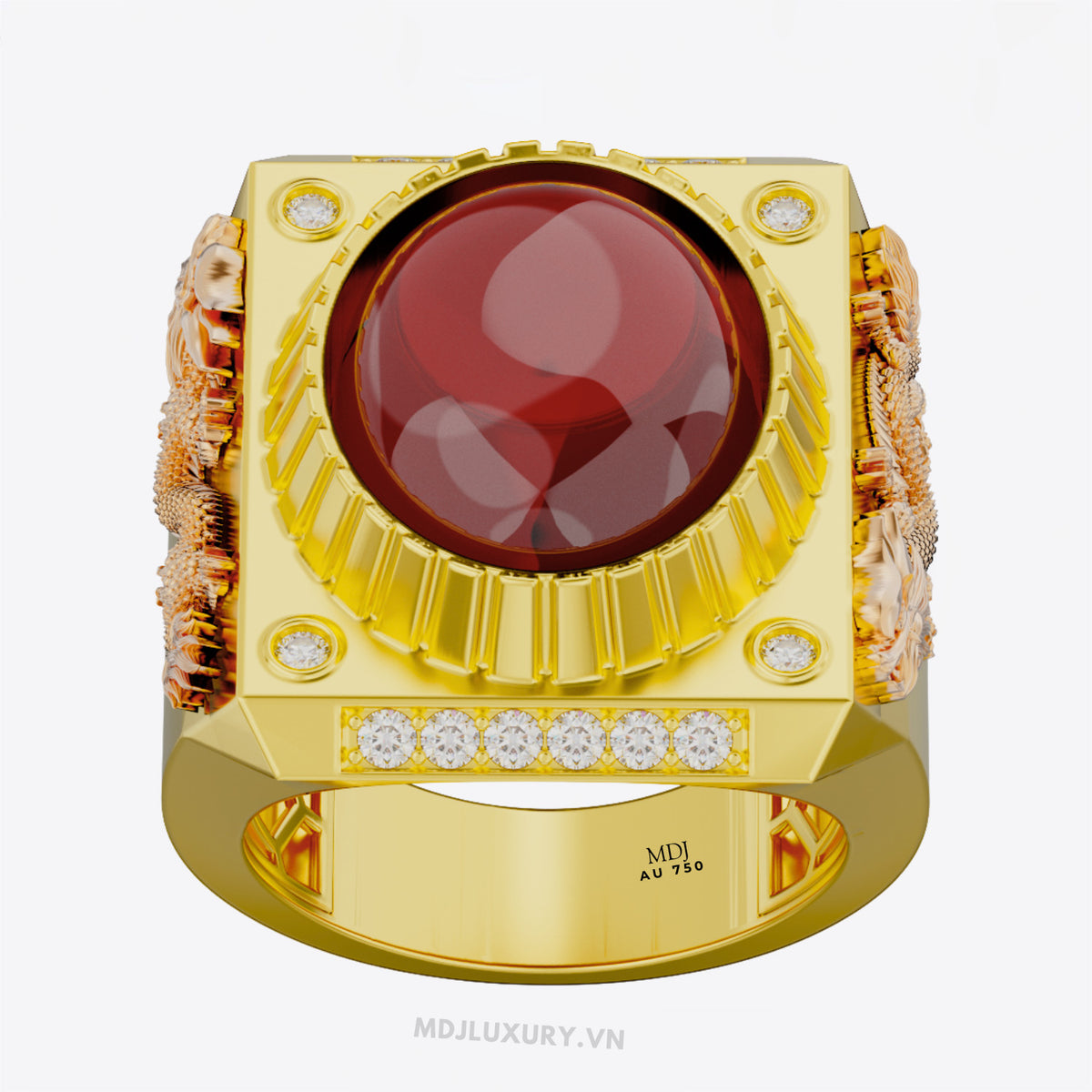 xNhẫn Nam Vàng 18K Song Long Đá Ruby Sang trọng – NN355