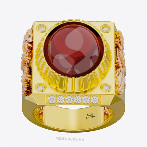 xNhẫn Nam Vàng 18K Song Long Đá Ruby Sang trọng – NN355